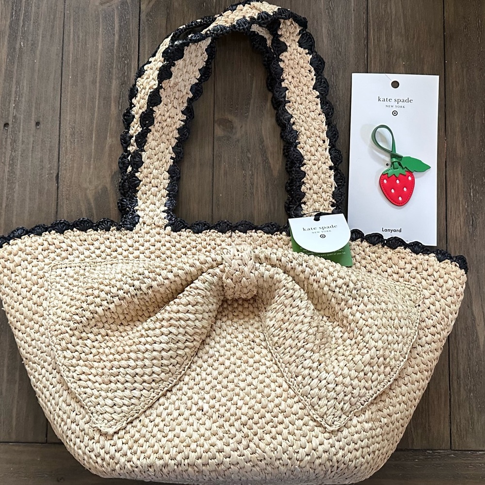 Kate Spade NWT Raffia Bow Tote bag X Target with strawberry bag charm